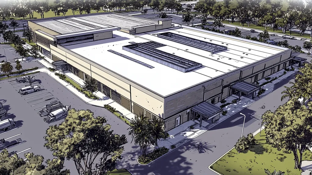 A commercial roof on a manufacturing plant in a location similar to Tampa with a comic book style aesthetic (AI image)