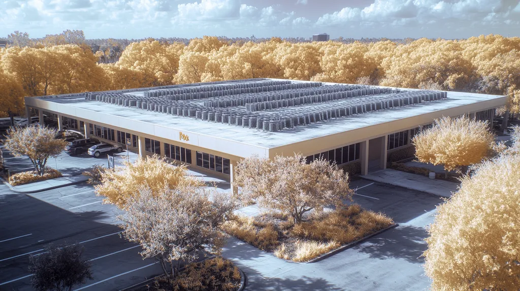 A commercial roof on a post office in a location similar to Tampa with an infrared photography aesthetic (AI image)