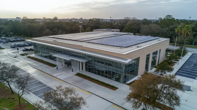 A commercial roof on a public library in a location similar to Tampa with a rainy day aesthetic (AI image)