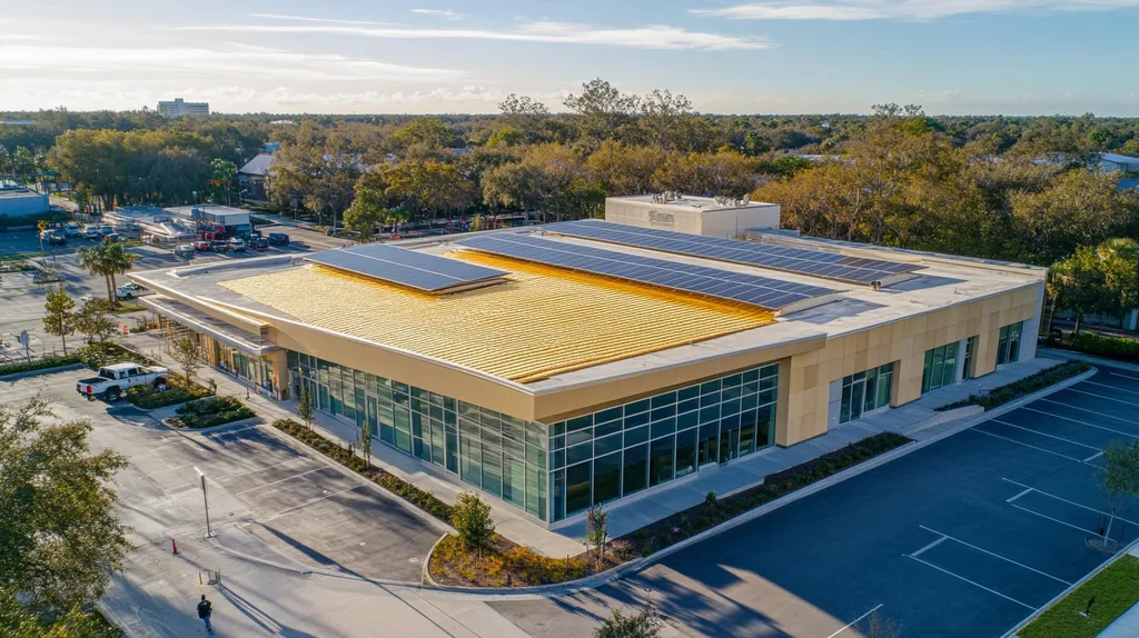 A commercial roof on a public library in a location similar to Tampa with a solid gold aesthetic (AI image)