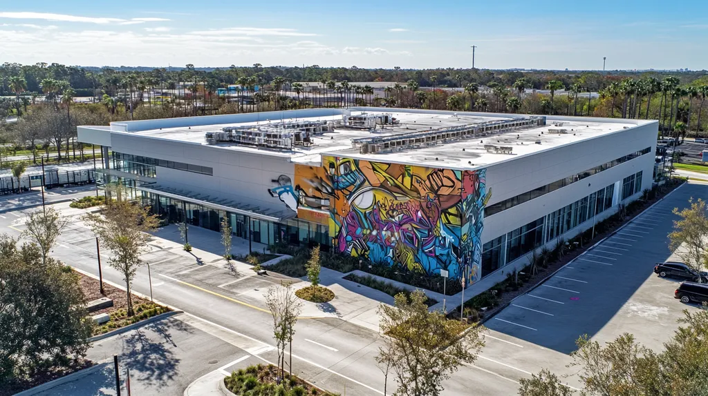 A commercial roof on a research laboratory in a location similar to Tampa with a graffiti mural aesthetic (AI image)