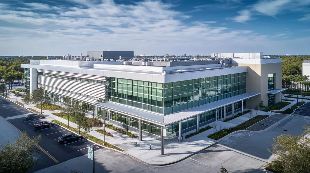 A commercial roof on a research laboratory in a location similar to Tampa with a stainless steel aesthetic (AI image)