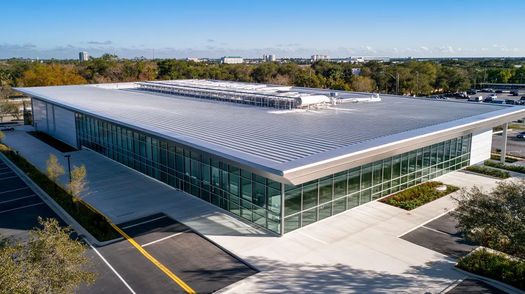 A commercial roof on a research laboratory in a location similar to Tampa with a stainless steel aesthetic (AI image)