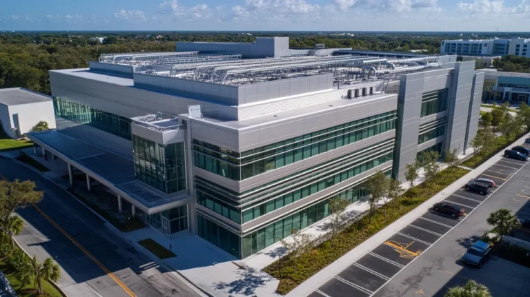 A commercial roof on a laboratory in a location similar to Tampa with a stainless steel aesthetic (AI image)