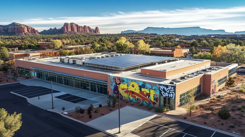 A commercial roof on a school in a location similar to Sedona with a graffiti mural aesthetic (AI image)