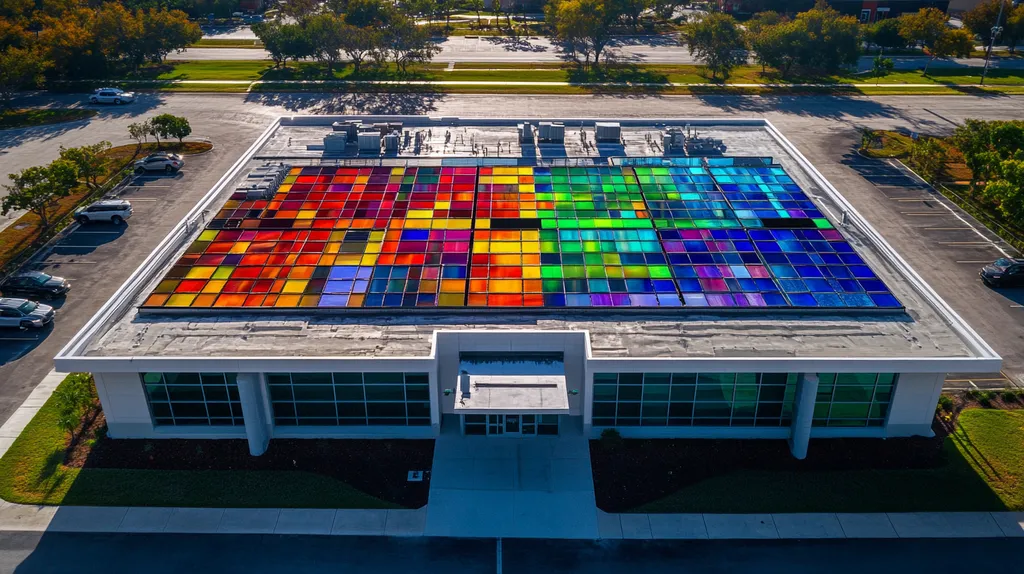 A commercial roof on a school in a location similar to Tampa with a stained glass style aesthetic (AI image)