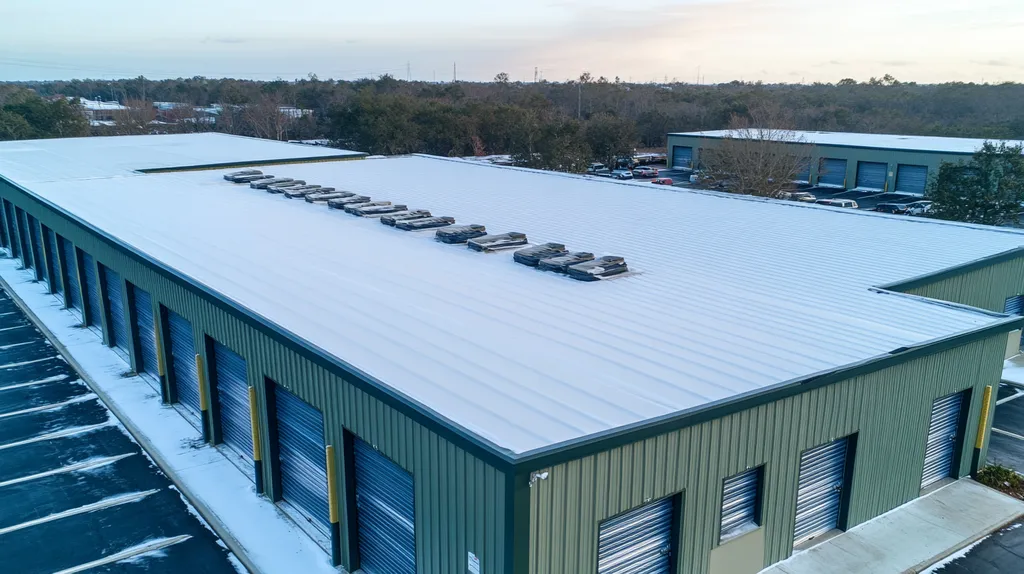 A commercial roof on a storage facility in a location similar to Tampa with a snowy day aesthetic (AI image)