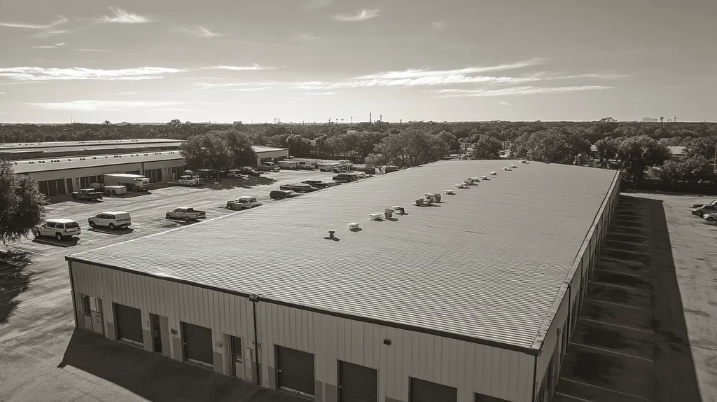 A commercial roof on a storage facility in a location similar to Tampa with a tintype aesthetic (AI image)