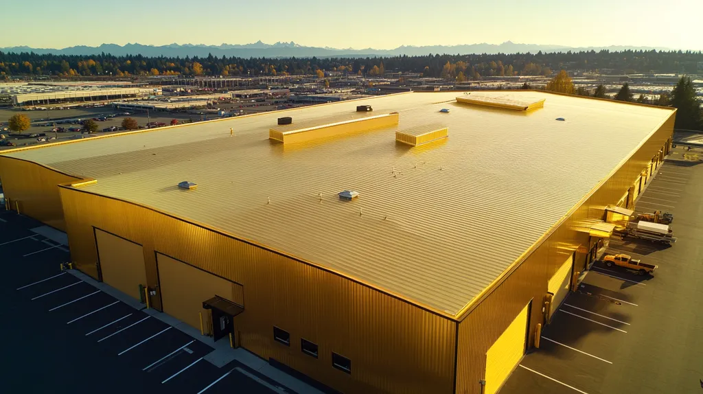 A commercial roof on a warehouse in a location similar to Seattle with a solid gold aesthetic (AI image)