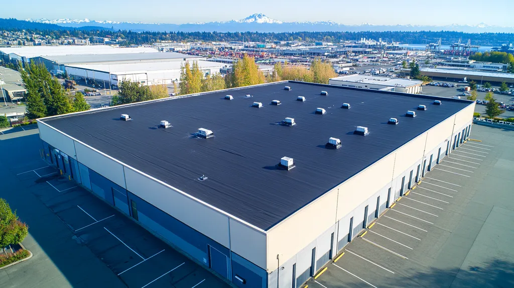 A commercial roof on a warehouse in a location similar to Seattle with an urban context aesthetic (AI image)