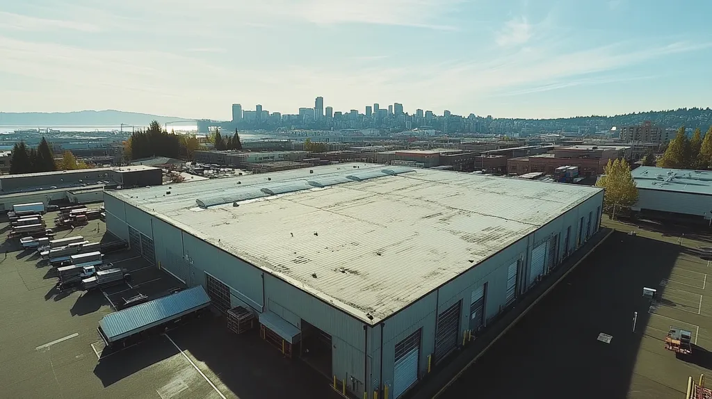 A commercial roof on a warehouse in a location similar to Seattle with an urban context aesthetic (AI image)