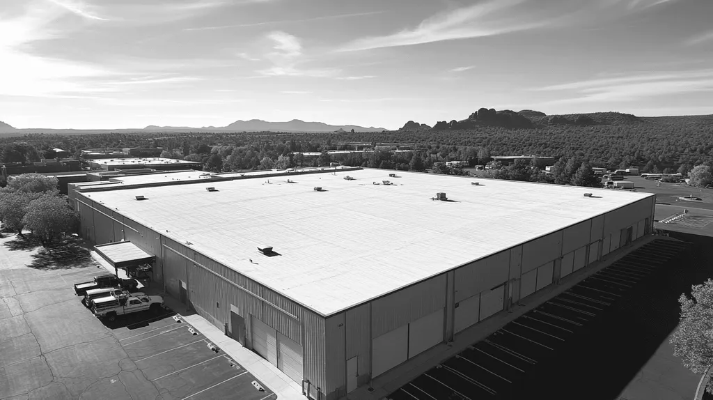 A commercial roof on a warehouse in a location similar to Sedona with a black and white photography aesthetic (AI image)