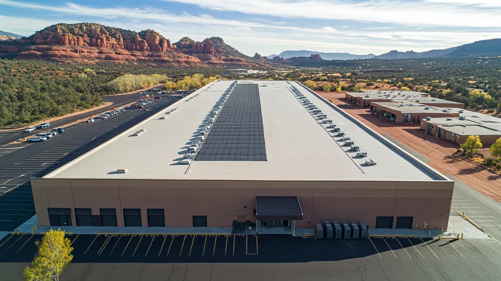 A commercial roof on a warehouse in a location similar to Sedona with a color highlight aesthetic (AI image)