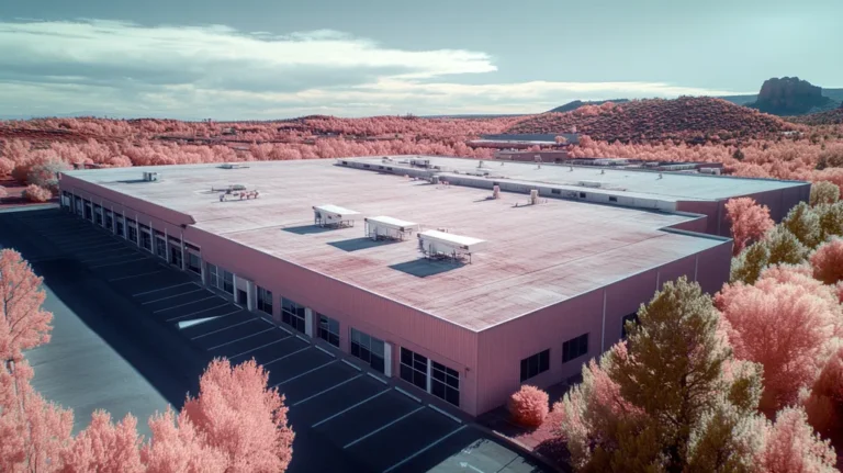 A commercial roof on a warehouse in a location similar to Sedona with an infrared photography aesthetic (AI image)