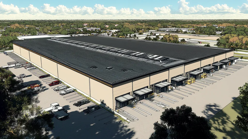 A commercial roof on a warehouse in a location similar to Tampa with a comic book style aesthetic (AI image)