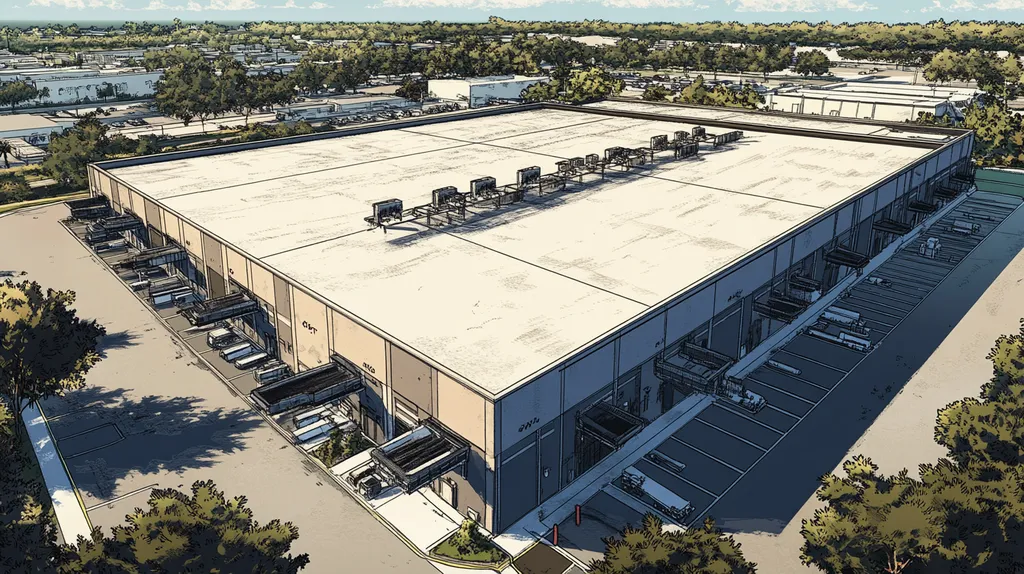 A commercial roof on a warehouse in a location similar to Tampa with a comic book style aesthetic (AI image)