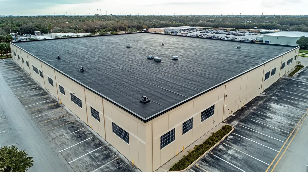 A commercial roof on a warehouse in a location similar to Tampa with a rainy day aesthetic (AI image)