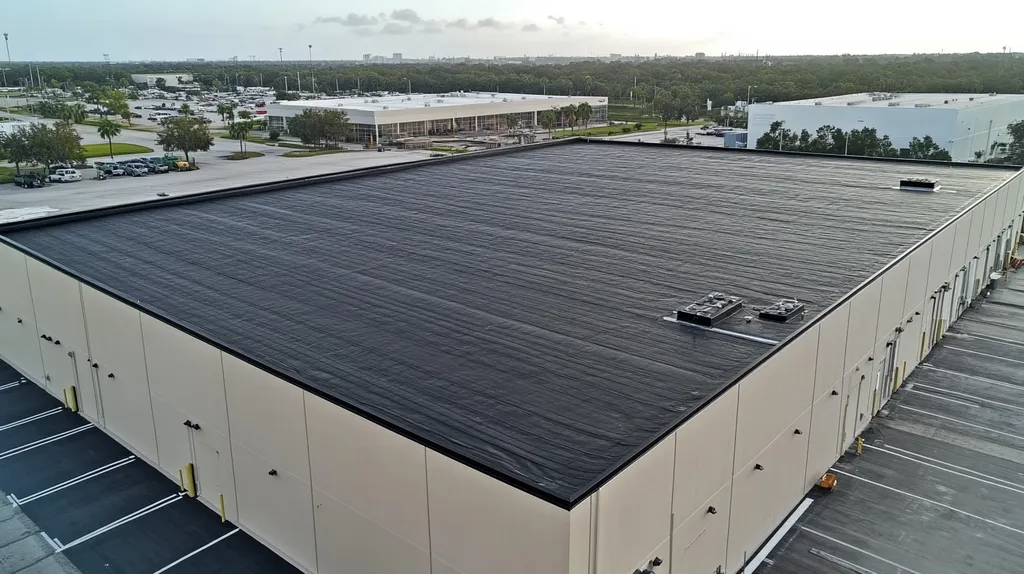 A commercial roof on a warehouse in a location similar to Tampa with a rainy day aesthetic (AI image)