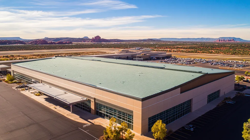 A commercial roof on an airport terminal in a location similar to Sedona with a color highlight aesthetic (AI image)