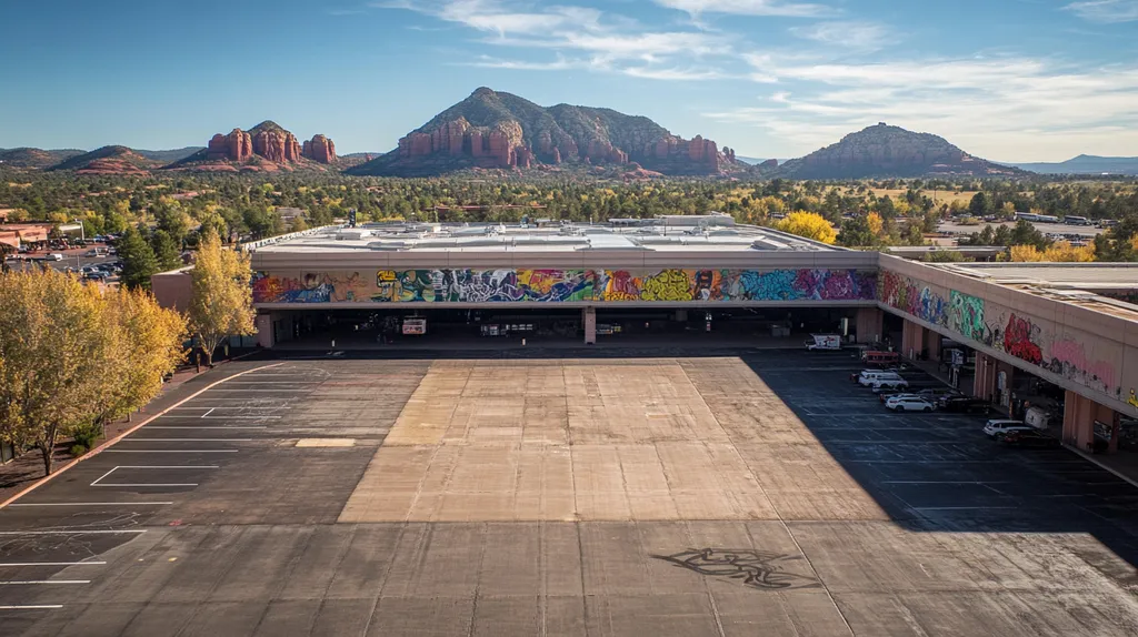 A commercial roof on an airport terminal in a location similar to Sedona with a graffiti mural aesthetic (AI image)