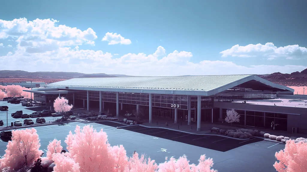 A commercial roof on an airport terminal in a location similar to Sedona with an infrared photography aesthetic (AI image)