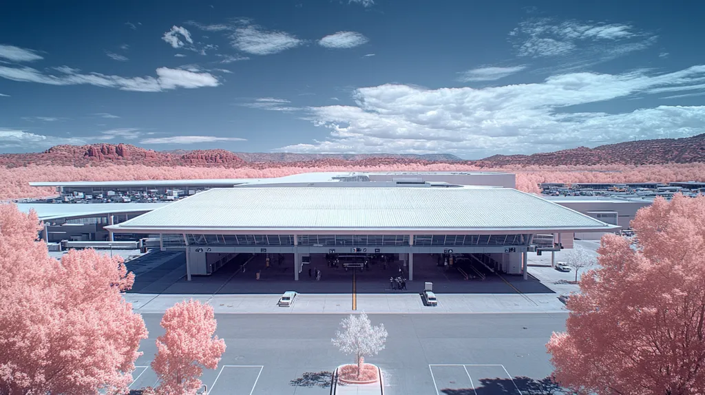 A commercial roof on an airport terminal in a location similar to Sedona with an infrared photography aesthetic (AI image)