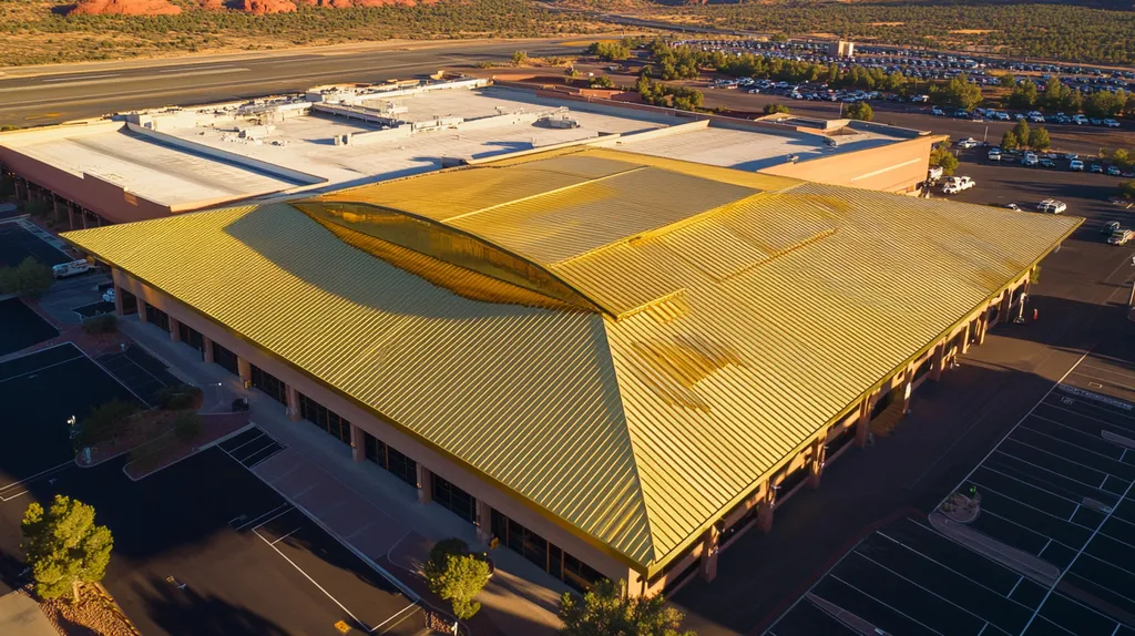 A commercial roof on an airport terminal in a location similar to Sedona with a solid gold aesthetic (AI image)