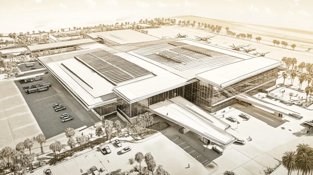 A commercial roof on an airport terminal in a location similar to Tampa with an architectural sketch rendering aesthetic (AI image)