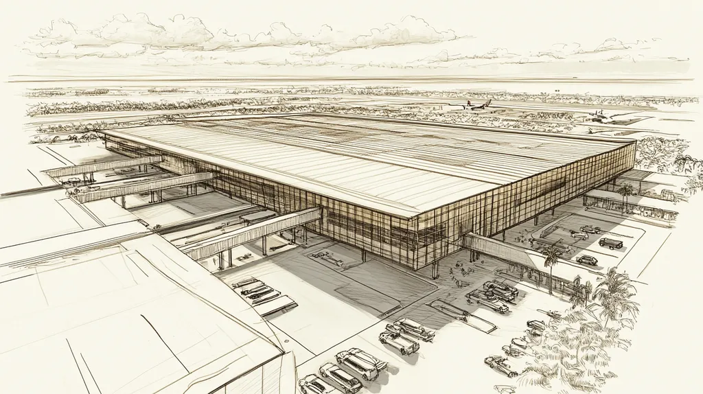 A commercial roof on an airport terminal in a location similar to Tampa with an architectural sketch rendering aesthetic (AI image)