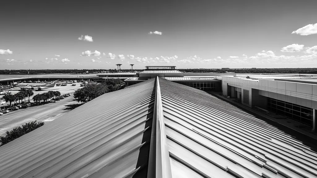 A commercial roof on an airport terminal in a location similar to Tampa with a black and white photography aesthetic (AI image)