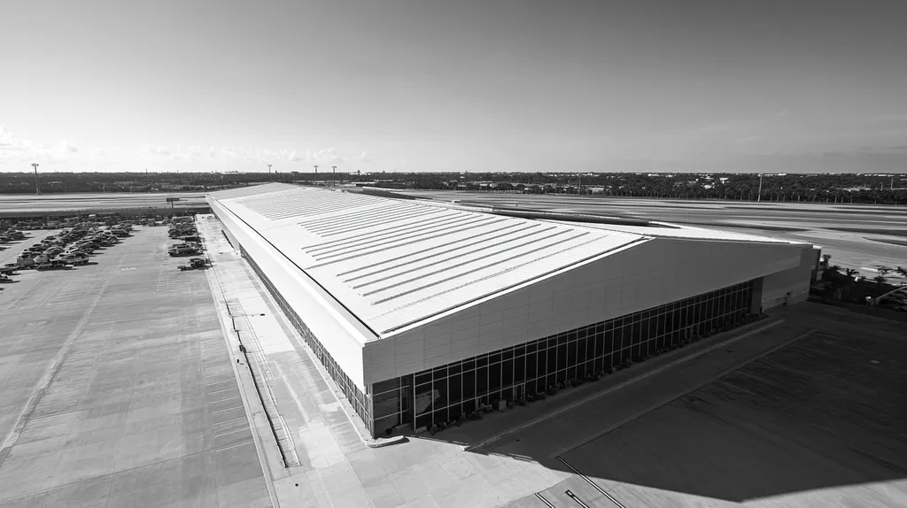 A commercial roof on an airport terminal in a location similar to Tampa with a black and white photography aesthetic (AI image)