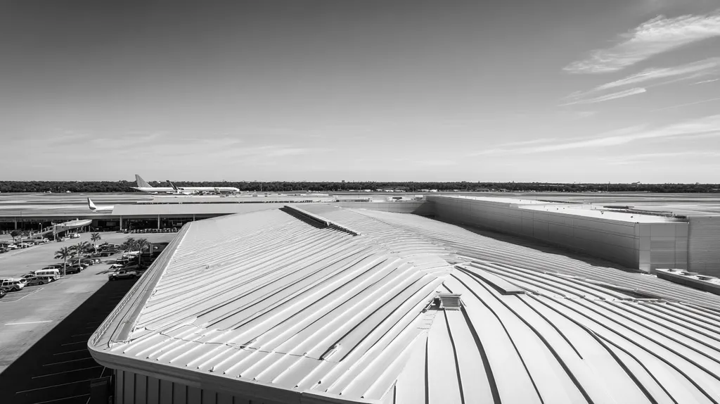 A commercial roof on an airport terminal in a location similar to Tampa with a black and white photography aesthetic (AI image)