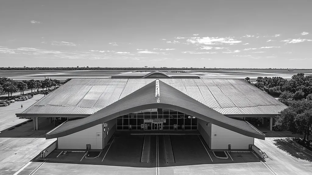 A commercial roof on an airport terminal in a location similar to Tampa with a black and white photography aesthetic (AI image)