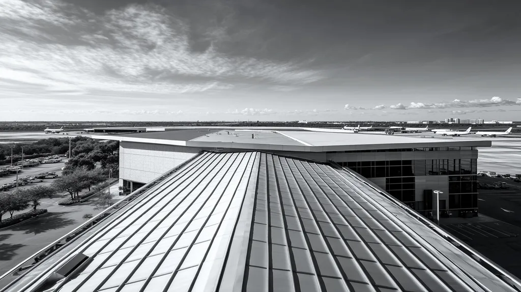 A commercial roof on an airport terminal in a location similar to Tampa with a black and white photography aesthetic (AI image)