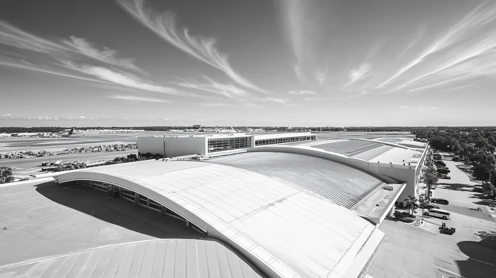 A commercial roof on an airport terminal in a location similar to Tampa with a black and white photography aesthetic (AI image)