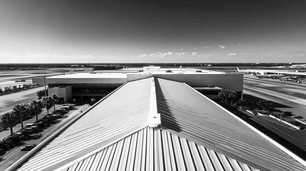 A commercial roof on an airport terminal in a location similar to Tampa with a black and white photography aesthetic (AI image)