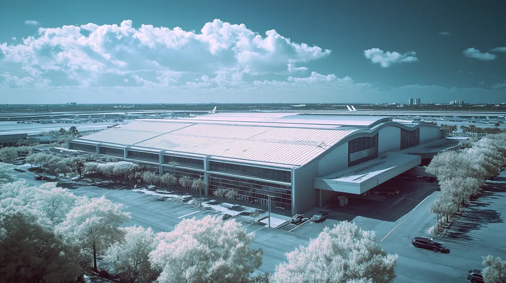 A commercial roof on an airport terminal in a location similar to Tampa with an infrared photography aesthetic (AI image)