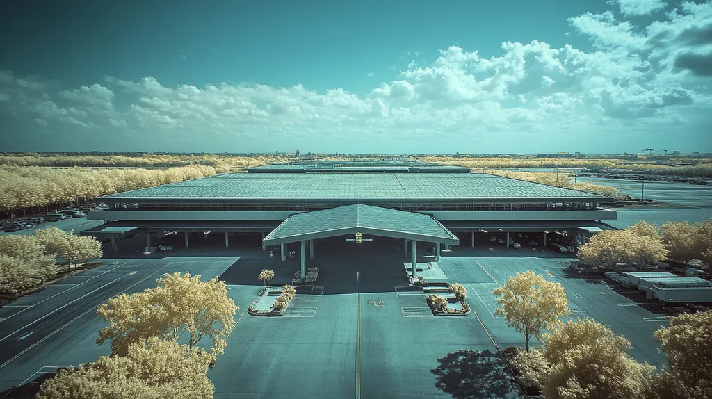 A commercial roof on an airport terminal in a location similar to Tampa with an infrared photography aesthetic (AI image)