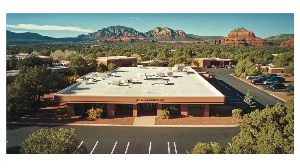 A commercial roof on a bank in a location similar to Sedona with a Polaroid aesthetic (AI image)