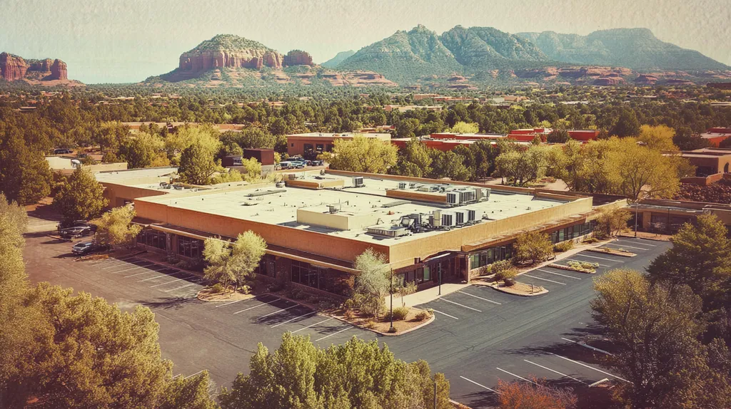 A commercial roof on a bank in a location similar to Sedona with a Polaroid aesthetic (AI image)