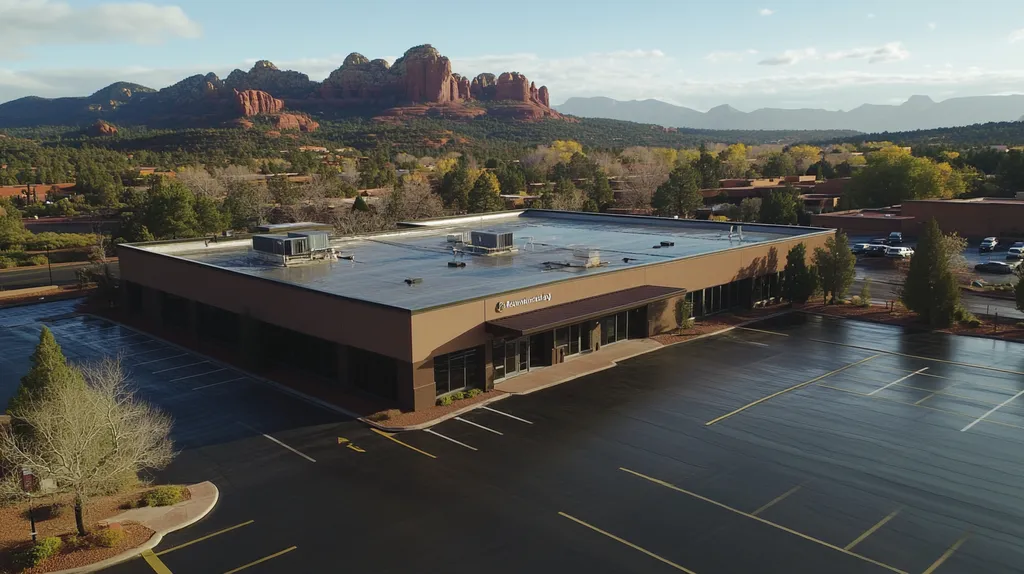 A commercial roof on a bank in a location similar to Sedona with a rainy day aesthetic (AI image)