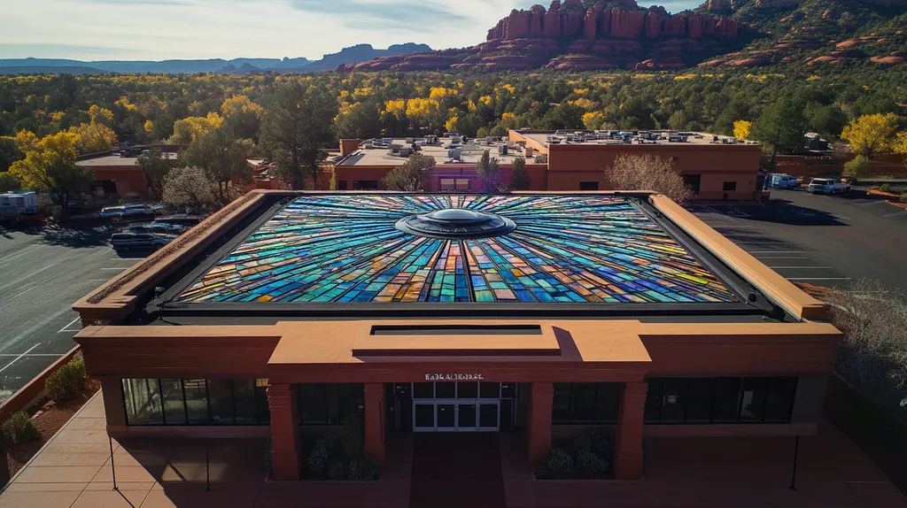 A commercial roof on a bank in a location similar to Sedona with a stained glass style aesthetic (AI image)