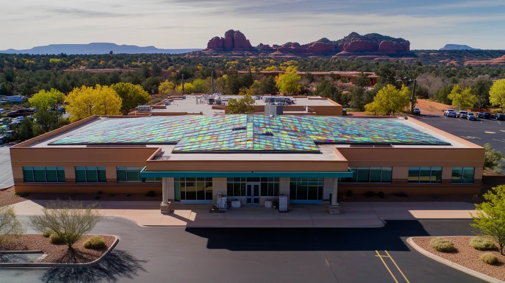 A commercial roof on a bank in a location similar to Sedona with a stained glass style aesthetic (AI image)