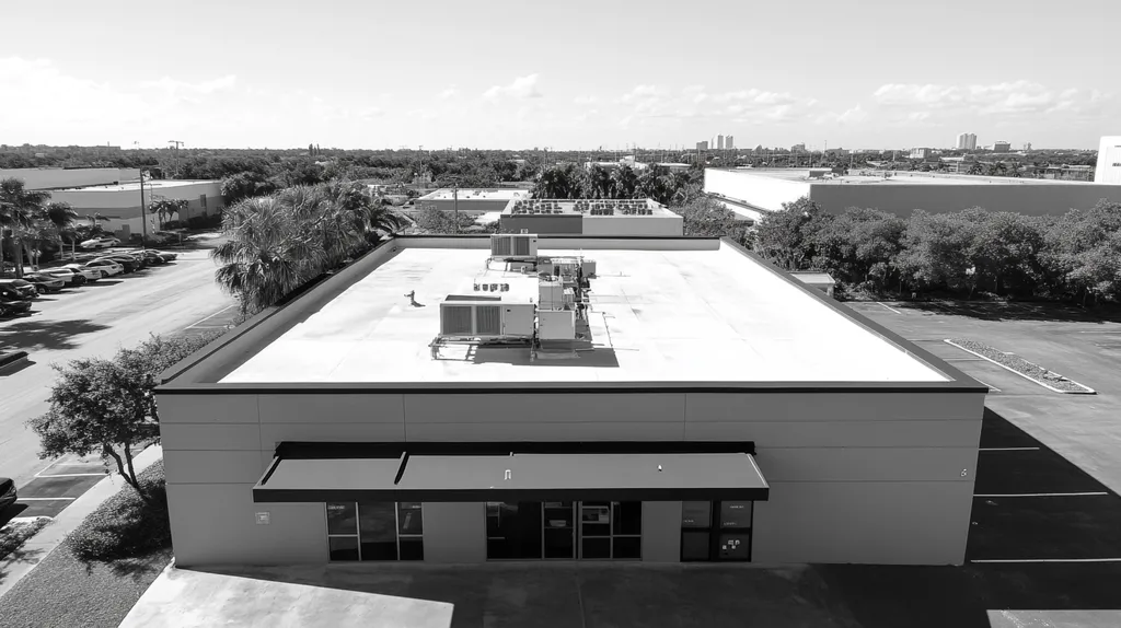 A commercial roof on a bank in a location similar to Tampa with a black and white photography aesthetic (AI image)