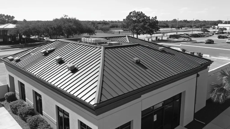 A commercial roof on a bank in a location similar to Tampa with a black and white photography aesthetic (AI image)