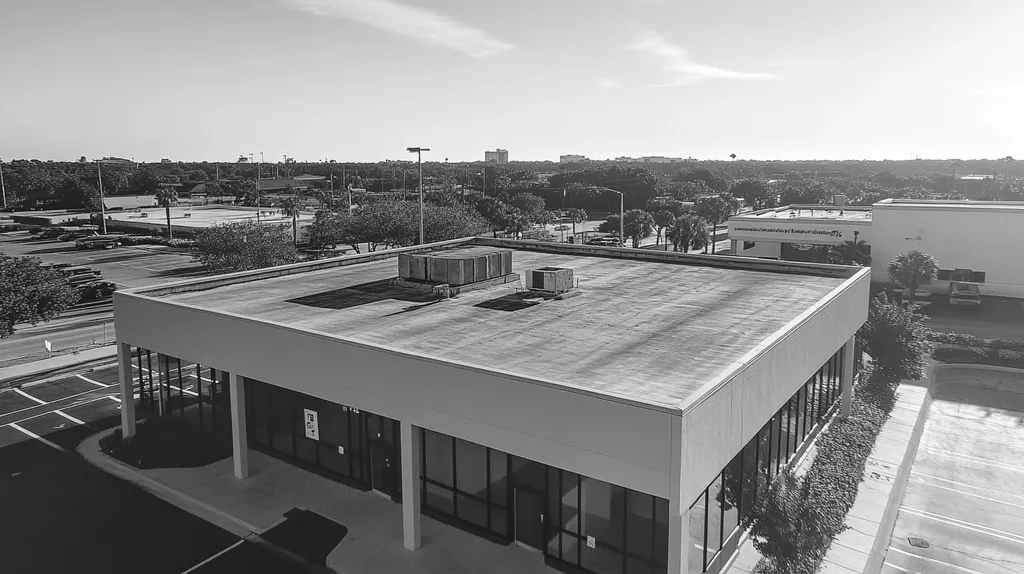 A commercial roof on a bank in a location similar to Tampa with a black and white photography aesthetic (AI image)