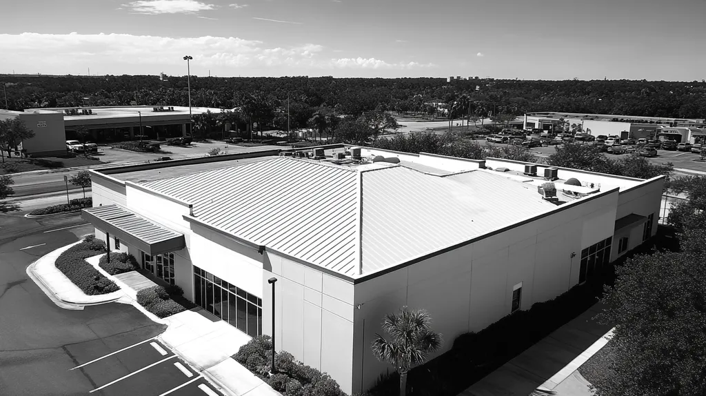 A commercial roof on a bank in a location similar to Tampa with a black and white photography aesthetic (AI image)