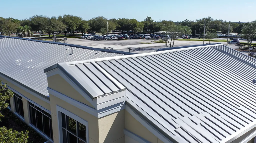 A commercial roof on a bank in a location similar to Tampa with a stainless steel aesthetic (AI image)