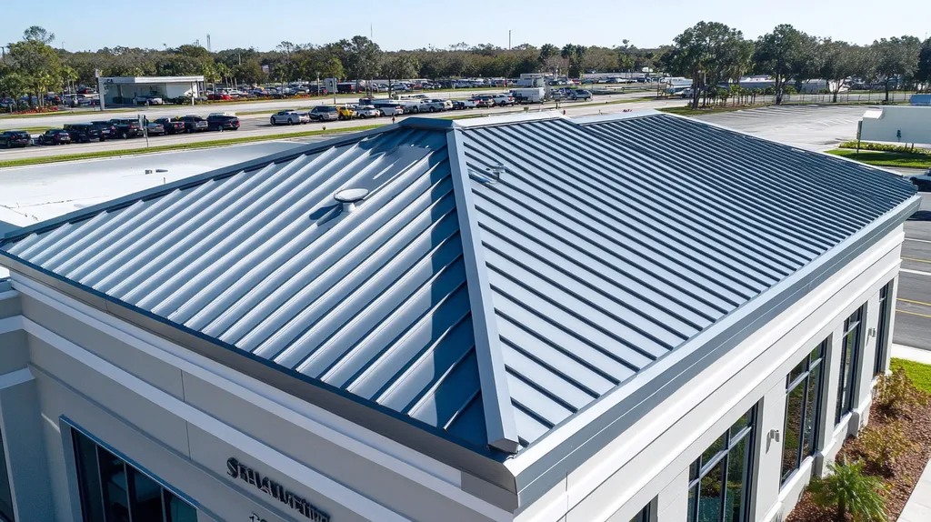 A commercial roof on a bank in a location similar to Tampa with a stainless steel aesthetic (AI image)