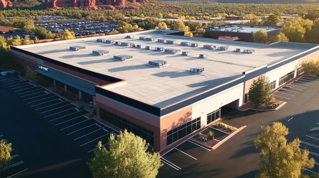 A commercial roof on a call center in a location similar to Sedona with a charcoal sketch aesthetic (AI image)